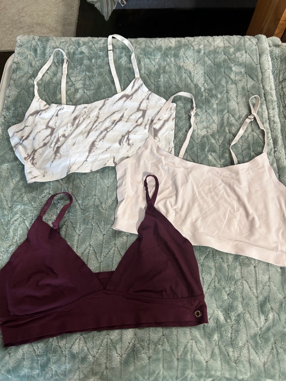 Danskin Bralette Trio in Pale Pink, Marble, and Deep Plum